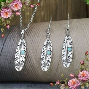 3pcs/set Vintage Style fake turquoise feather Necklace‎ & Drop Earrings set